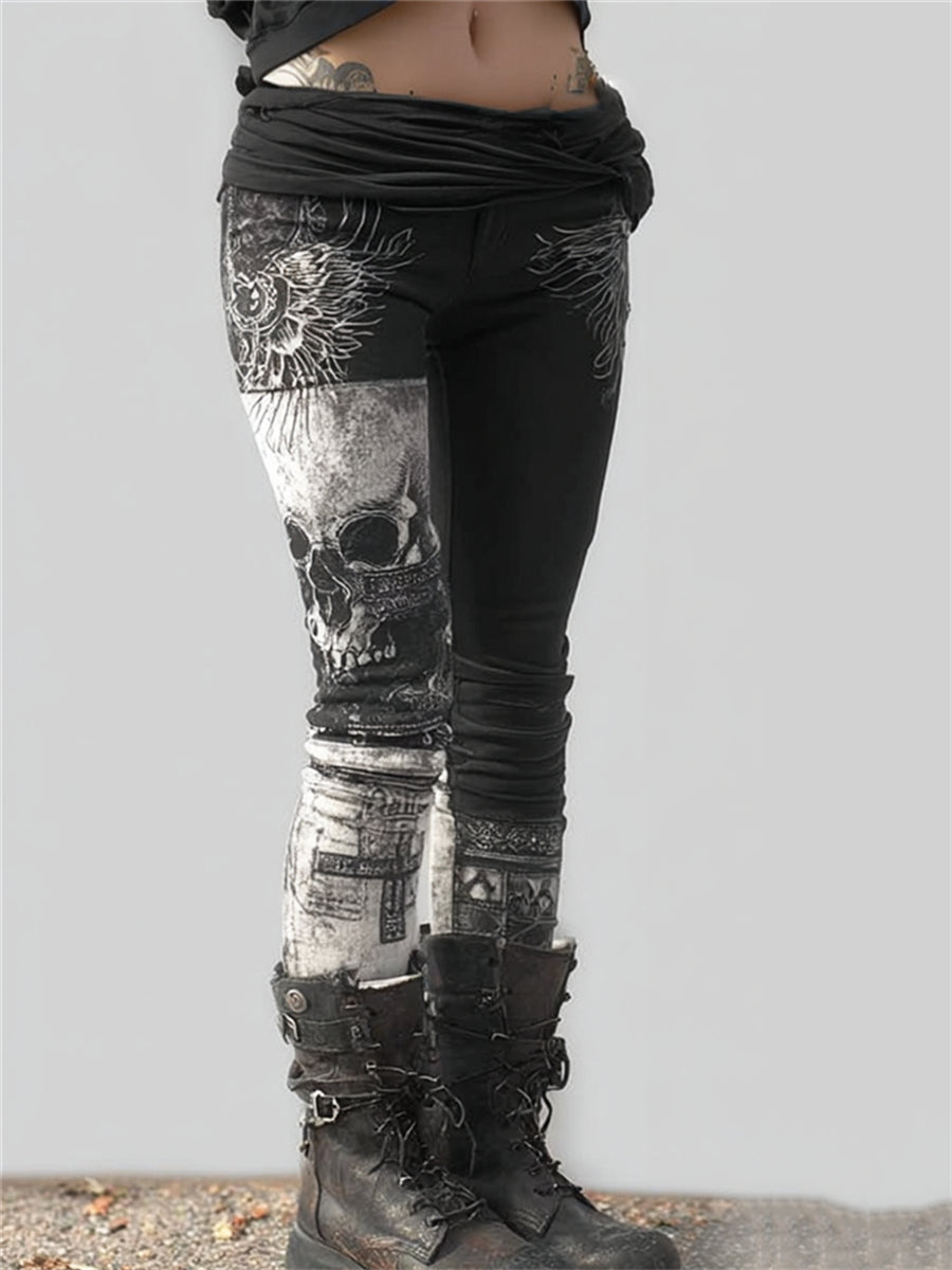 Kvinnors Rock Style Vintage Skull Wings & Kors kontrast Skriv ut Leggings