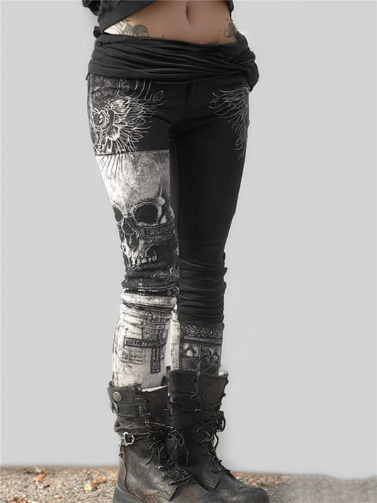 Kvinnors Rock Style Vintage Skull Wings & Kors kontrast Skriv ut Leggings