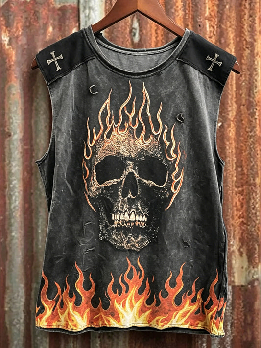 Mäns Rock Style Skull på flamkors Print Racket Västa