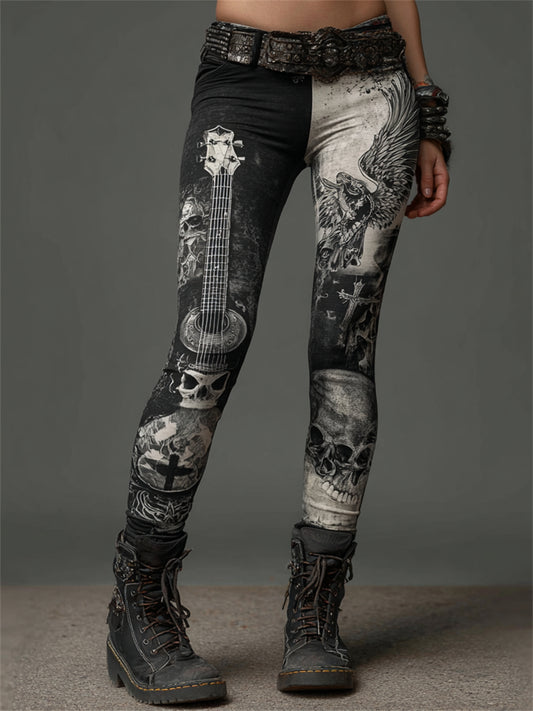 Kvinnors rock stil gitarr Skull & vingar kontrast färg Leggings