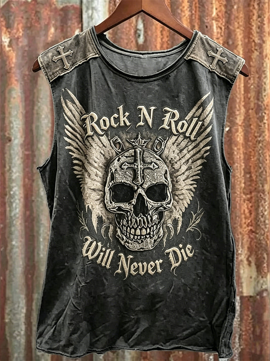 Mäns rock N roll kommer aldrig dö Skull med vingar Print racket väst.