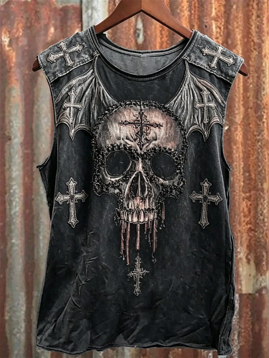 Mäns Rock Style Vintage Skull med Bat Wings Kors Print Racket Västa