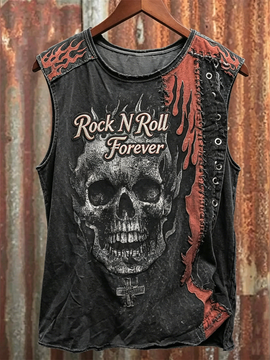 Mäns rock N Roll Forever Skull & Flam kontrast Skriv ut racket västa