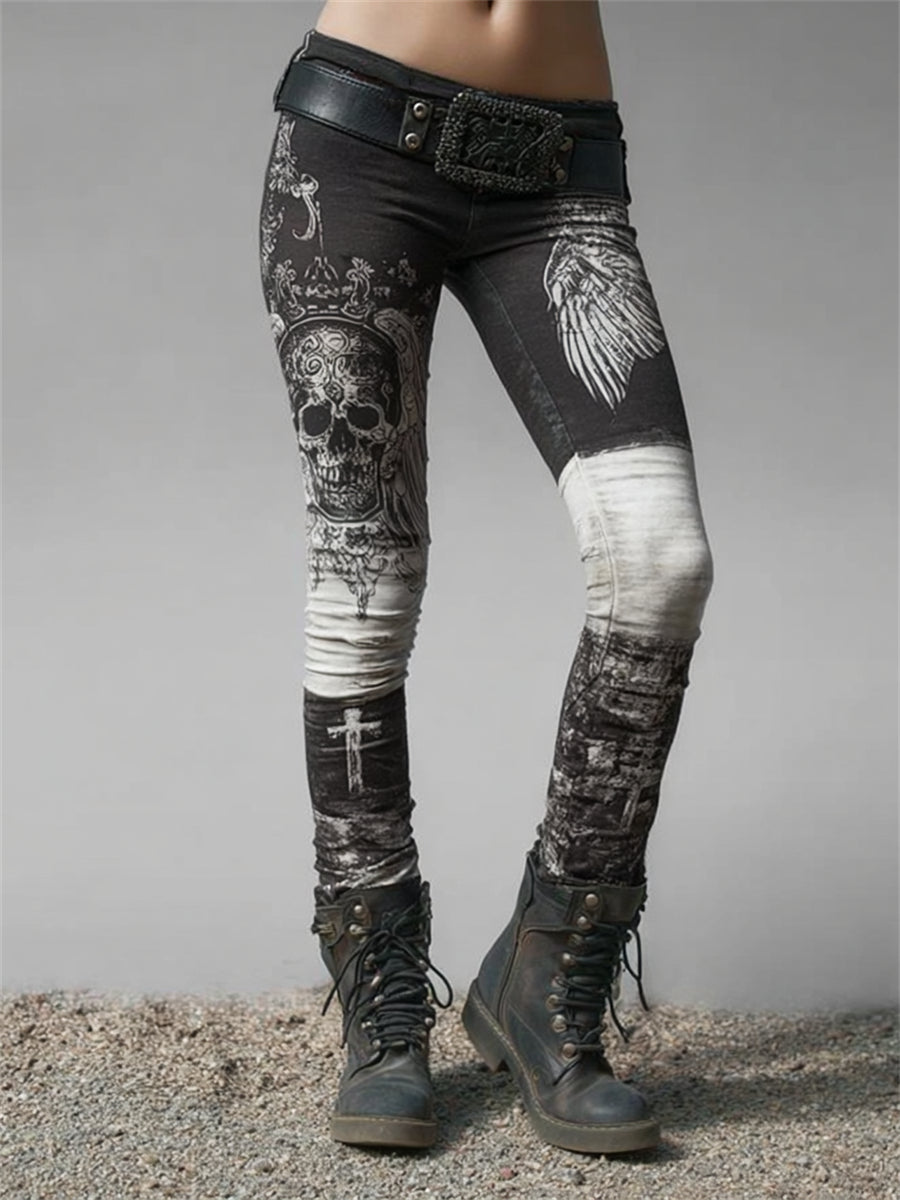 Kvinnors Vintage Rock Style Skull Wings kors färgblock Print Leggings