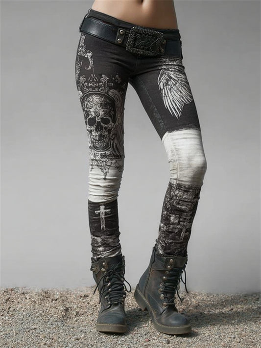 Kvinnors Vintage Rock Style Skull Wings kors färgblock Print Leggings