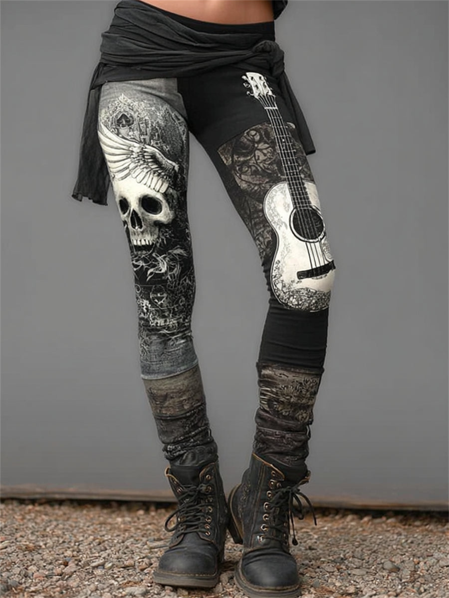 Kvinnors Rock Style Skull och gitarr konst Print Leggings