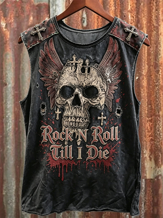 Mäns rock n roll tills jag Die Skull med vingar Blodiga Print Racket Västa
