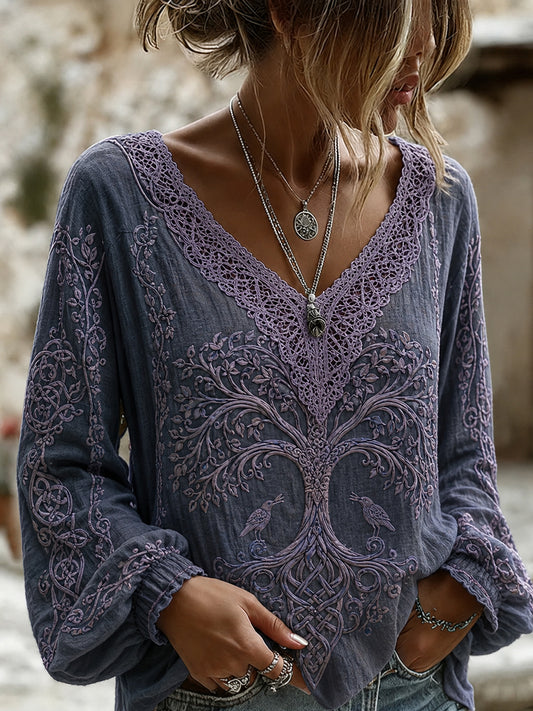 Dams tröja med retrovikingatema, v-ringning och tryck