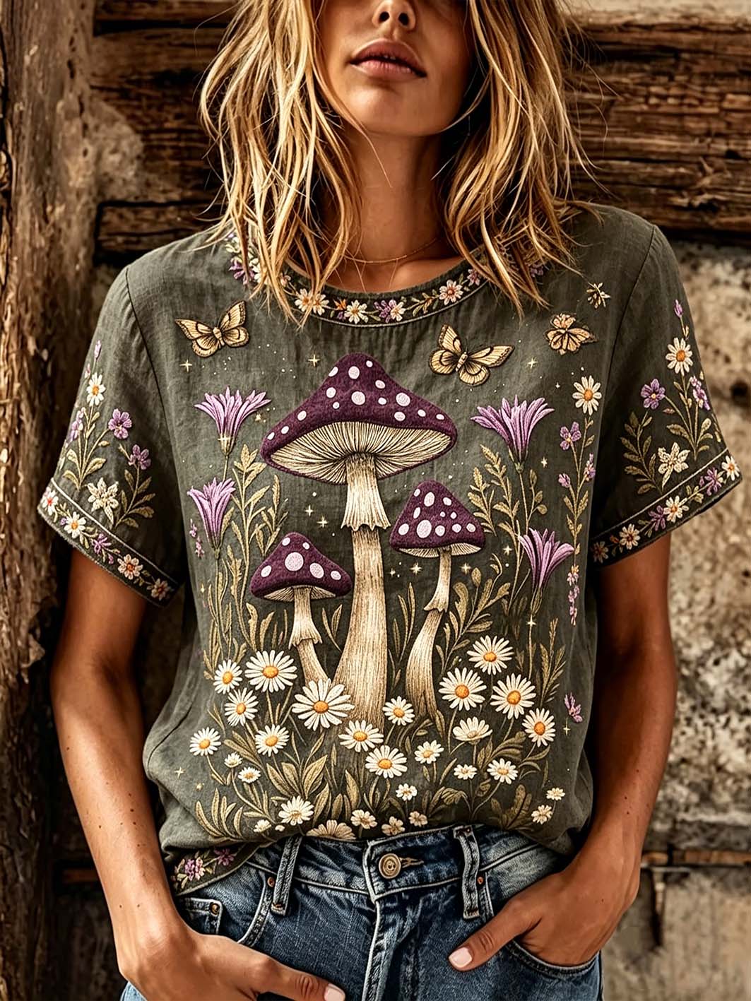 Kvinnors skogsväxt blomma mönster print linne kortärmad T-shirt