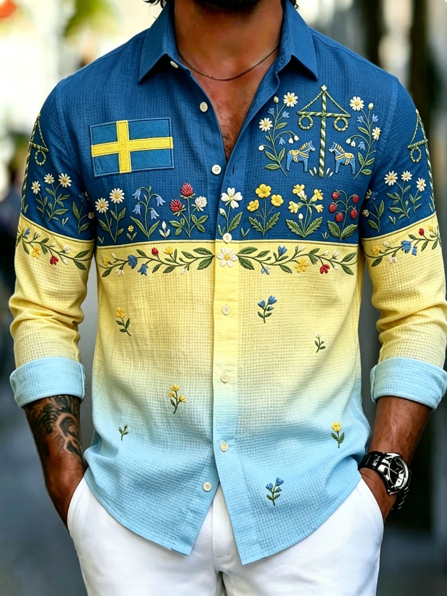 Mansligt konsttryck med midsommarfest i Sverige – våffelmönstrad långärmad tröja