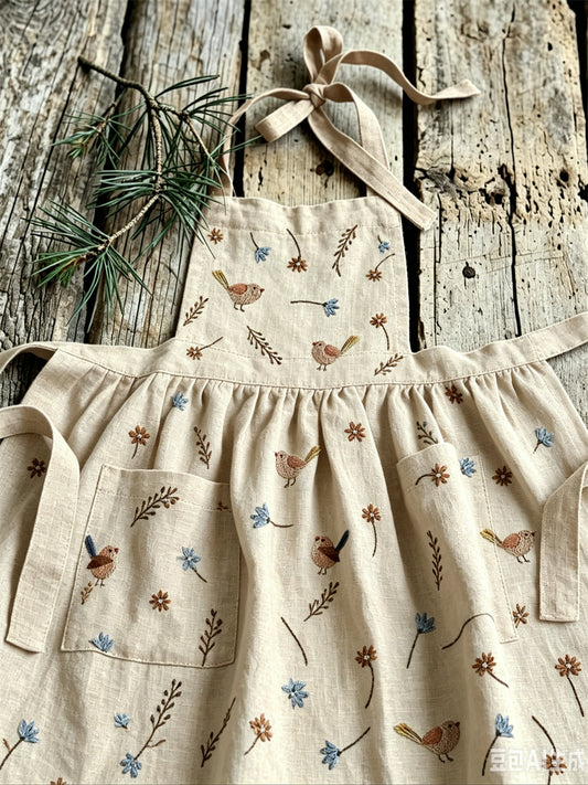 Kvinnors Vintage fåglar Floral Print Patch Fickor Pleated Maxi Pinafore Klänning