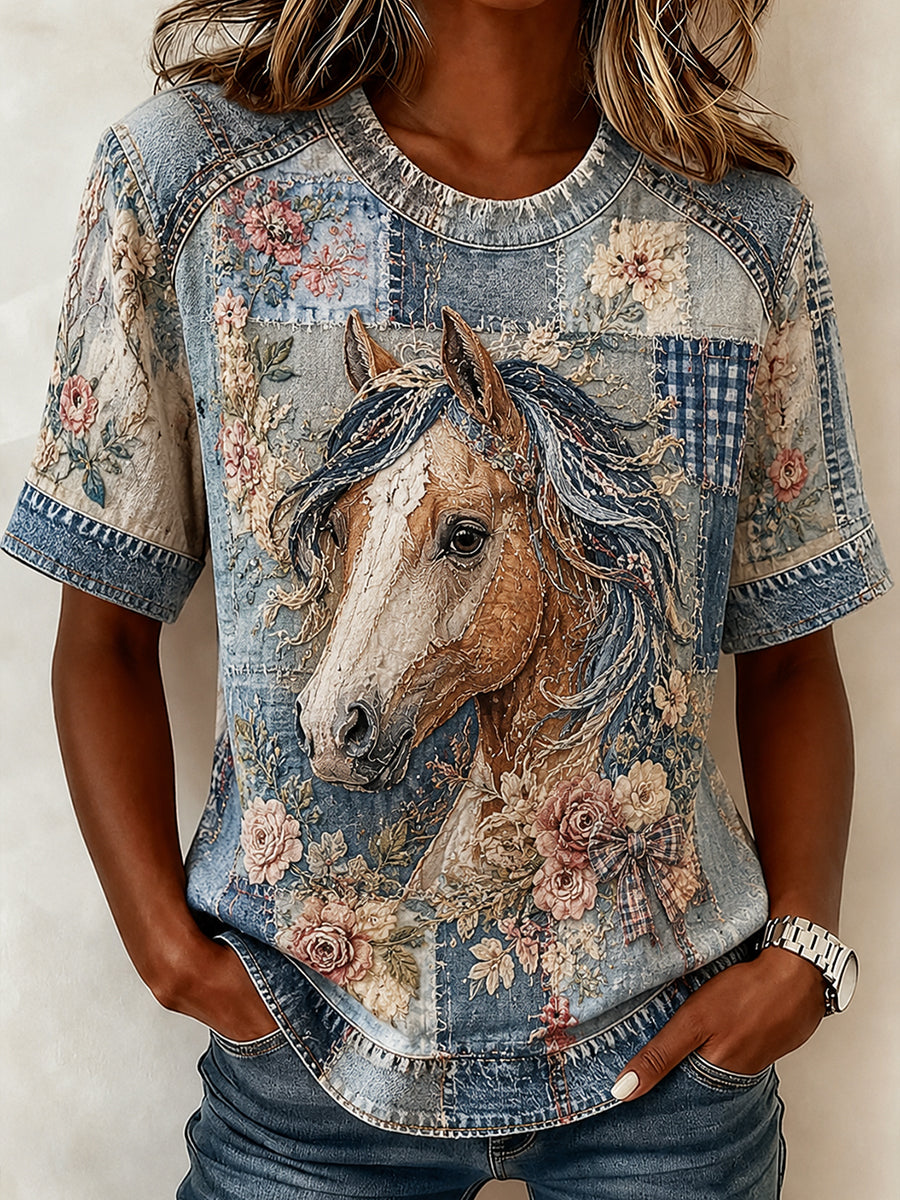 Kvinnors Retro kollage Floral häst Print Casual Kort ärm T-shirt