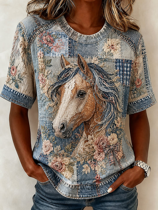 Kvinnors Retro kollage Floral häst Print Casual Kort ärm T-shirt