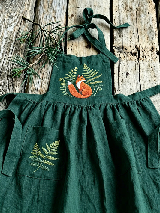 Kvinnors Vintage Forst Räv & Fern Tryck fyllda Maxi Pinafore Klänning