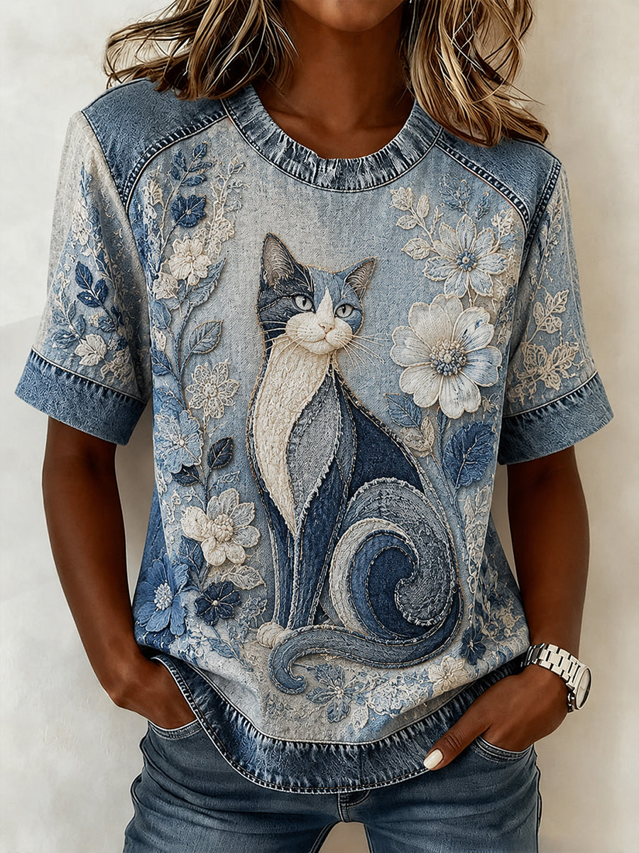 Kvinnors söta kollage Floral katt Skriv ut Casual Kort ärm T-shirt