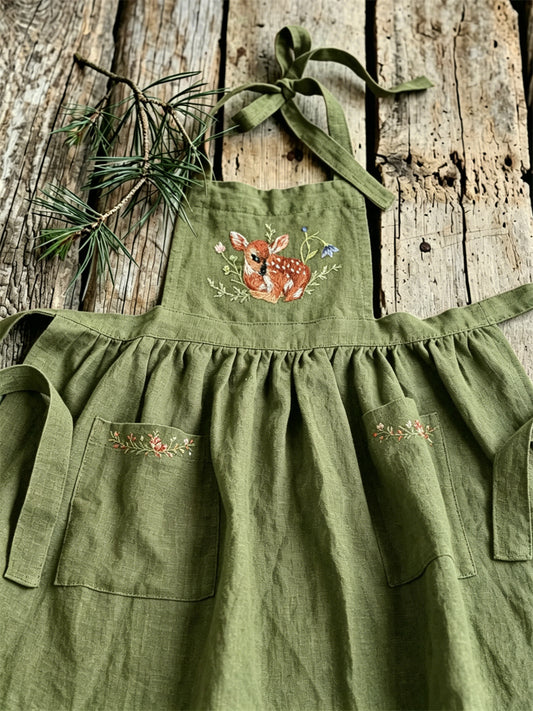 Kvinnors Vintage Forest Deer Floral Print Patch Fickor Pleated Maxi Pinafore Klänning