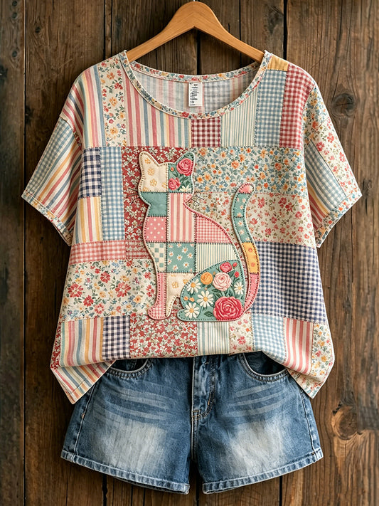Kvinnors djurkatt Countryside Style tryckt Vintage Fashion Loose Kort ärm T-shirt