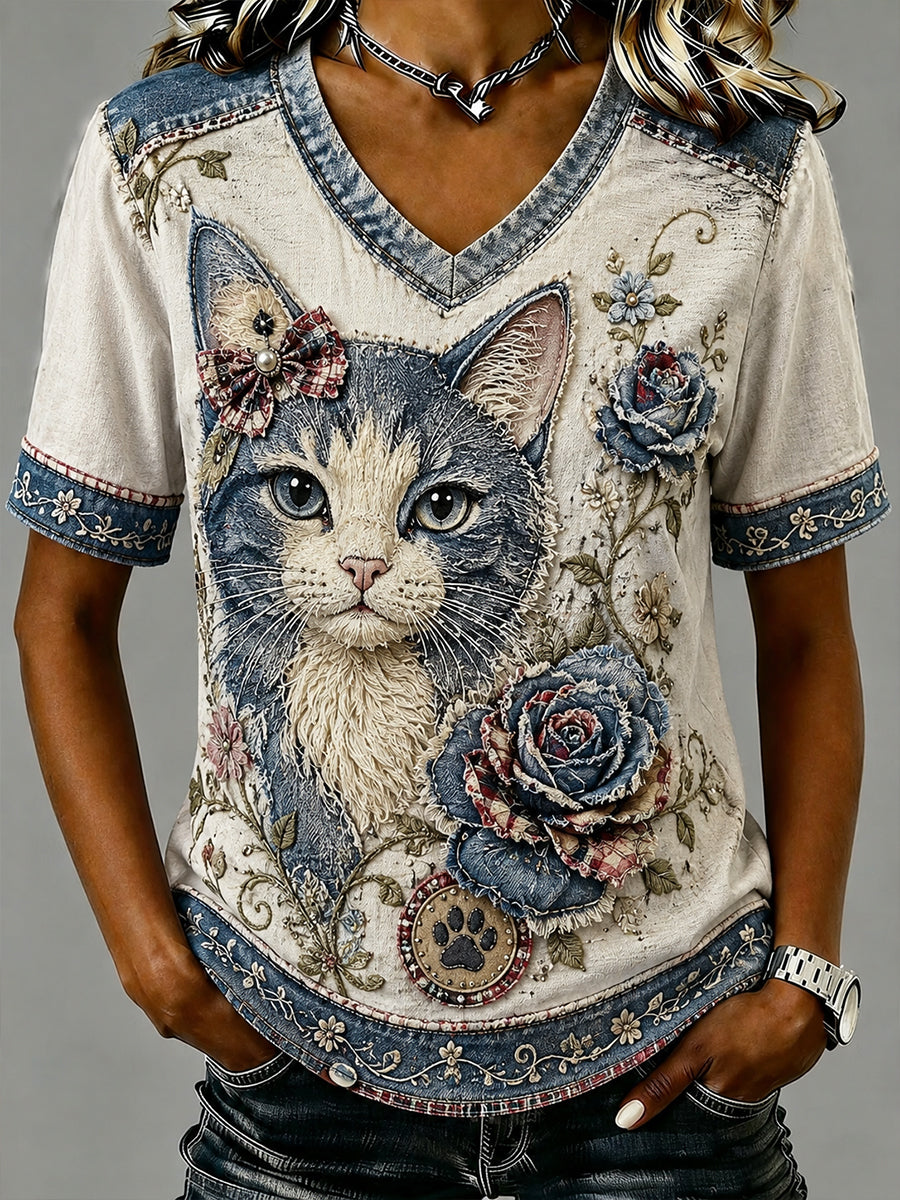 Kvinnors Retro kollage Floral katt ärmar V-hals T-shirt