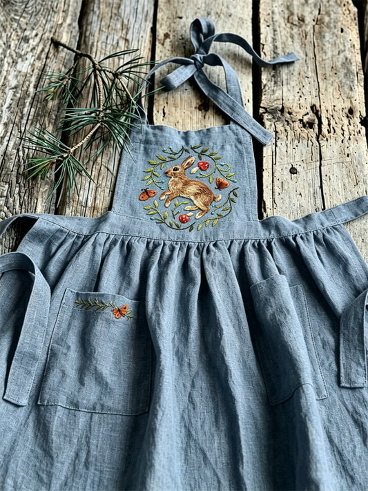 Kvinnors Vintage Forest Bunny Floral Print Patch Fickor Pleated Maxi Pinafore Klänning