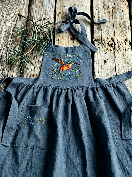 Kvinnors Vintage Humming Bird Dragonflies Floral Print Pleated Maxi Pinafore Klänning