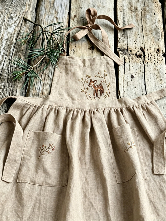 Kvinnors Vintage Forest Deer Floral Print Patch Fickor Pleated Maxi Pinafore Klänning