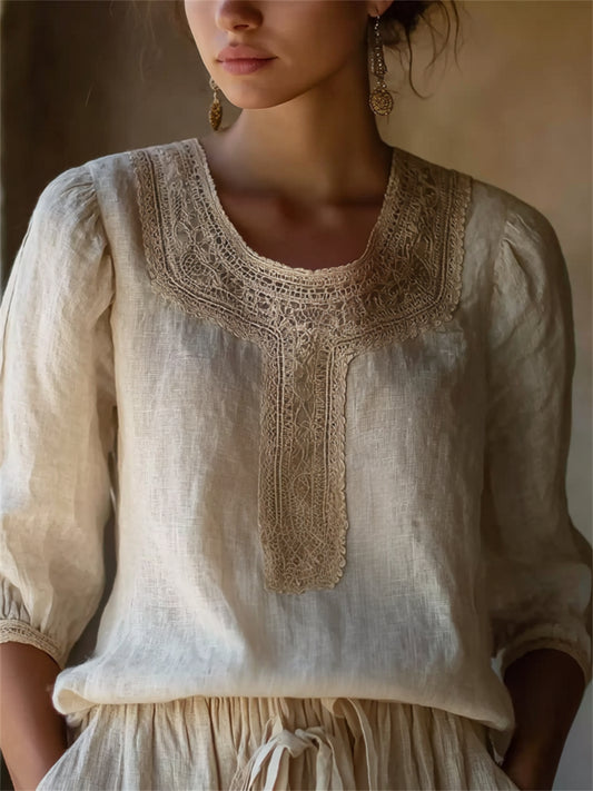 Kvinnors Vintage Print Puff ärm lin tunik