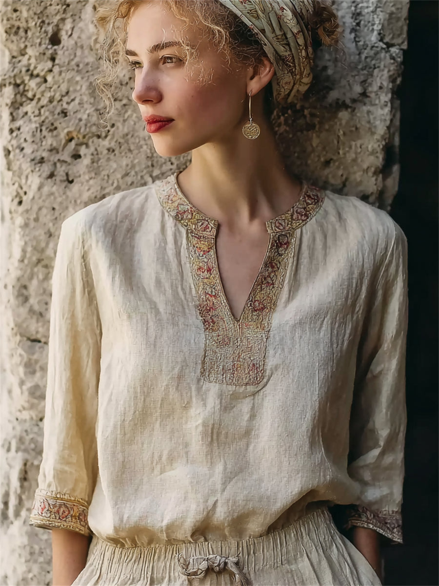 Kvinnors Vintage Boho bordered Notch hals lin tunik