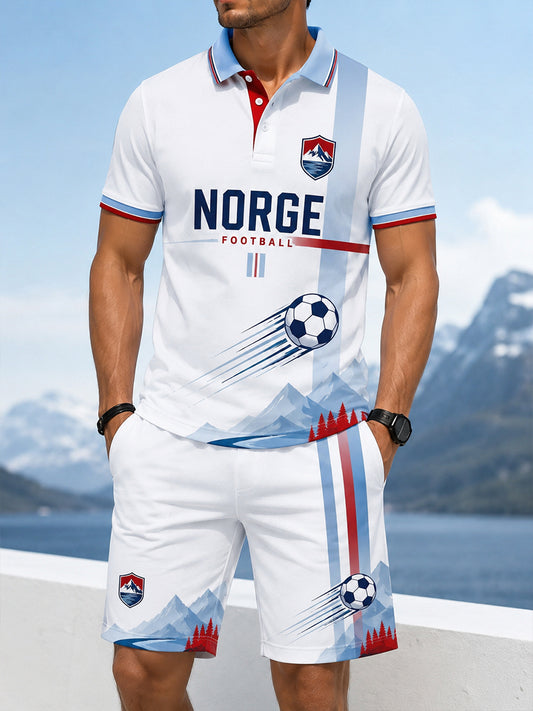 Herrpaket med retroinspirerad norsk fotbollssupportermatchkonsttryck på polotröja – 2-delat set