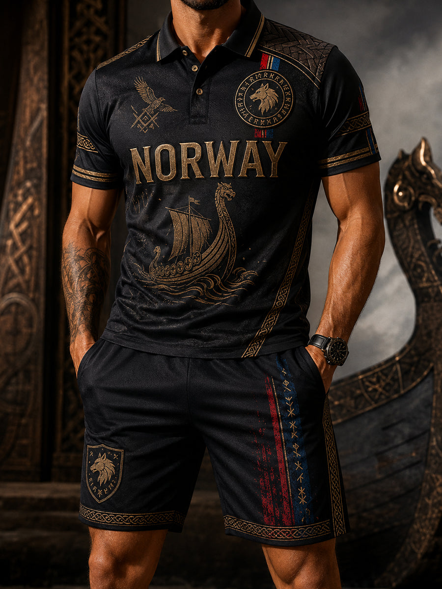 Herrpaket med retroinspirerad norsk fotbollssupportermatchkonsttryck på polotröja – 2-delat set