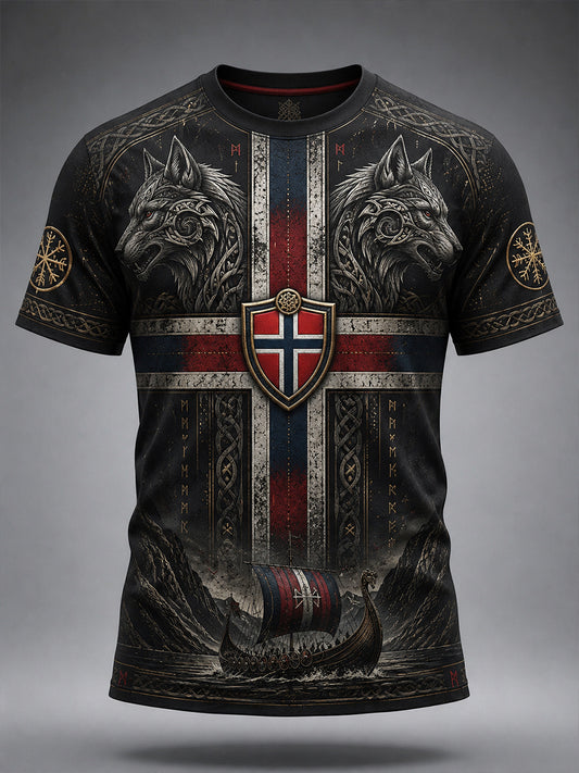 Retro nordisk norsk vikingkonsttryck avslappnad t-shirt