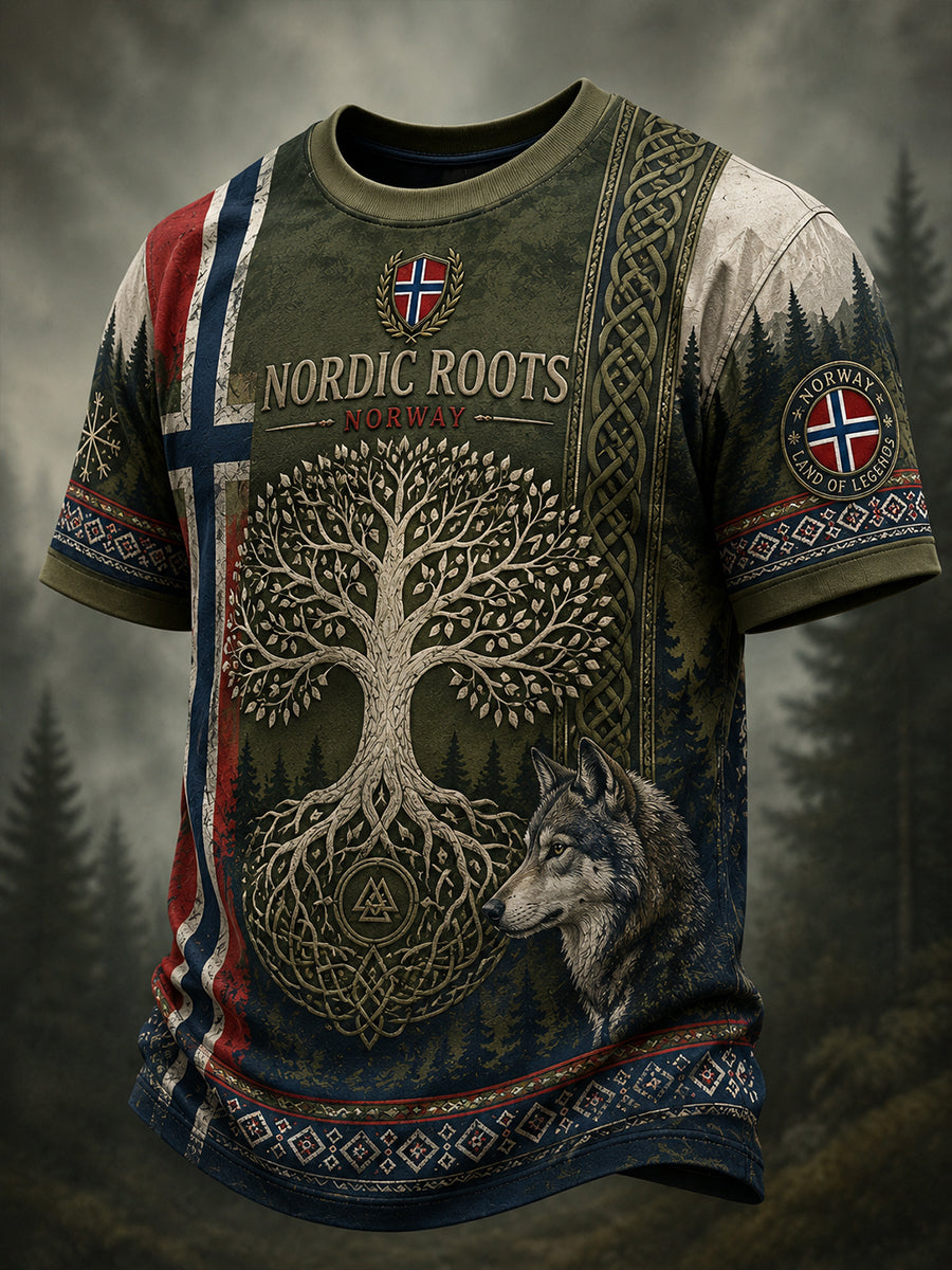 Retro nordisk norsk vikingkonsttryck avslappnad t-shirt