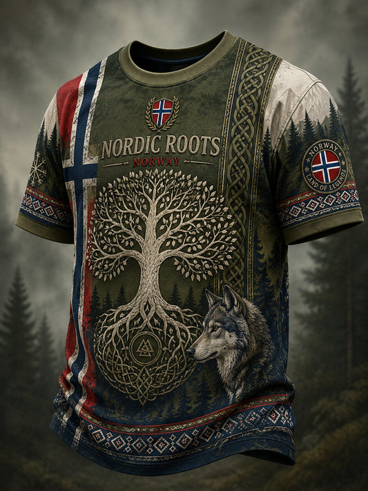 Retro nordisk norsk vikingkonsttryck avslappnad t-shirt