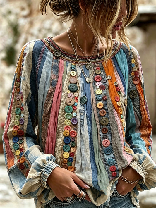 Kvinnors Vintage Boho färgglada knappar Textur Konst skriv ut bomull-Linen tröja