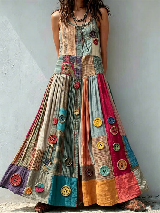 Kvinnors Vintage Boho färgglada knappar Patchwork Art Print Maxi Tank Klänning