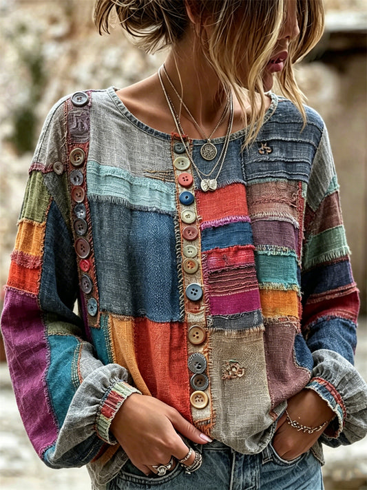 Kvinnors Vintage Boho knappar färgblock konst Skriv ut bomull-Linen skjorta