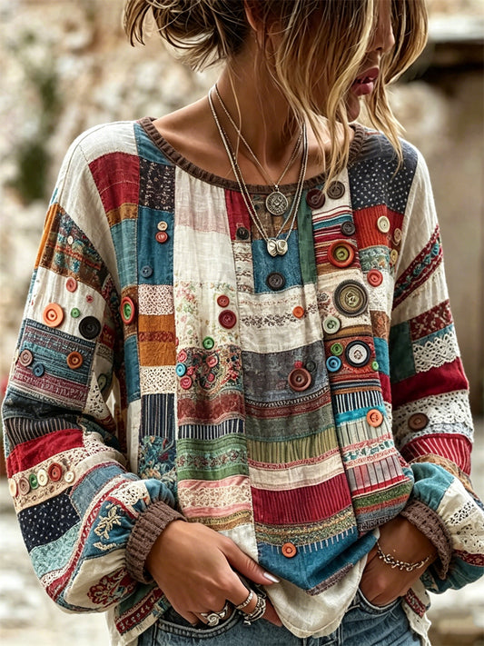 Kvinnors Boho färgglada knappar färgblock Textur konst Print bomull-Linen tröja