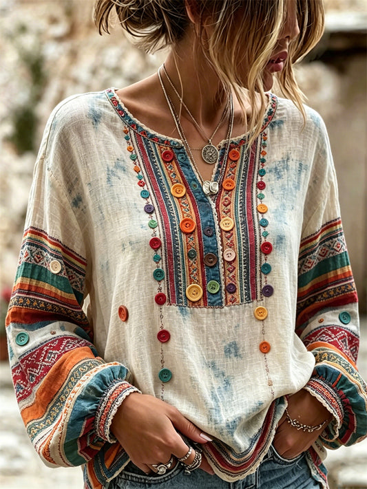 Kvinnors Boho färgglada knappar konst etnisk utskrift bomull-Linen tröja