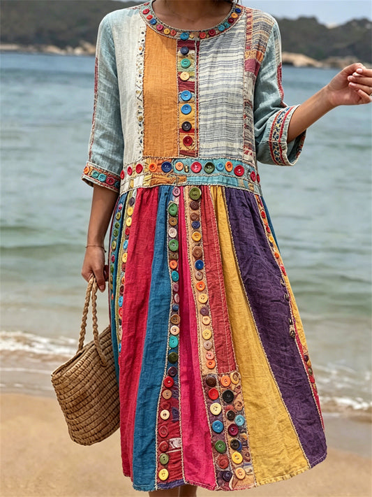 Kvinnors Vintage Boho färgglada knappar Patchwork Art Skriv ut lin klänning