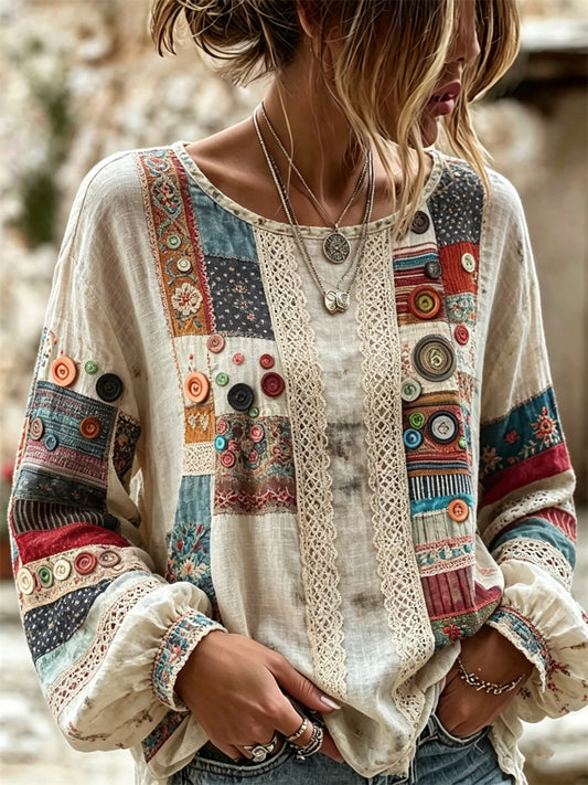 Kvinnors Boho knappar blommar färgblock Skriv ut bomull-linen skjorta