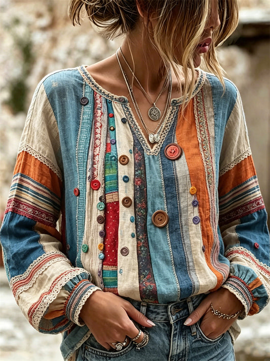 Kvinnors Vintage Boho knappar färgblock lappverk Print bomull-Linen skjorta