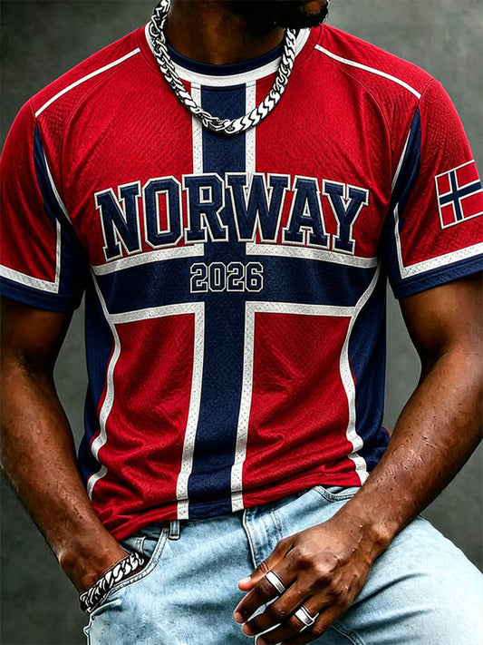 Herrtröja i norskt fotbollstema, avslappnad sportstil, unisex