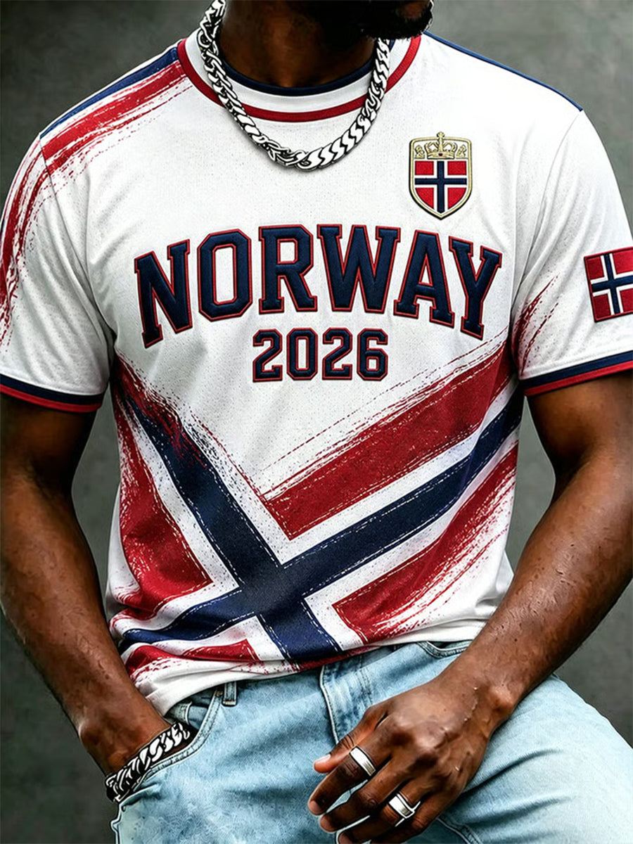 Herrtröja i norskt fotbollstema, avslappnad sportstil, unisex