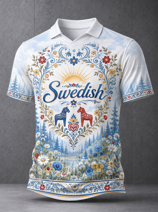 Herrpolotröja med konsttryck till minne av midsommardagen i Sverige