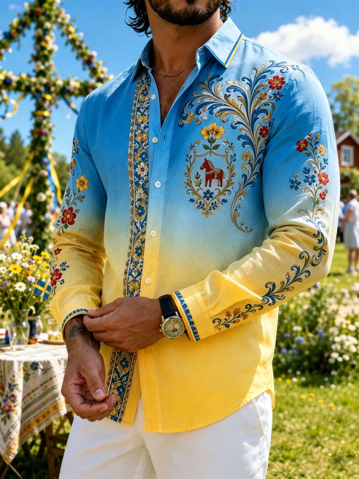 Herrskjorta med konsttryck som hyllar midsommardagen i Sverige, långärmad