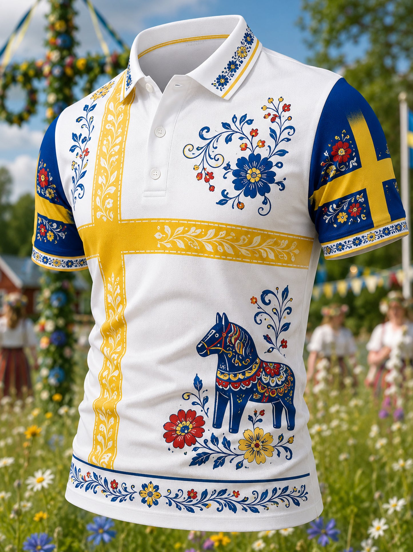 Herrpolotröja med konsttryck till minne av midsommardagen i Sverige