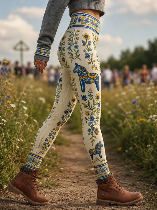 Retro svensk midsommarblommig karusellkonsttryck avslappnade leggings