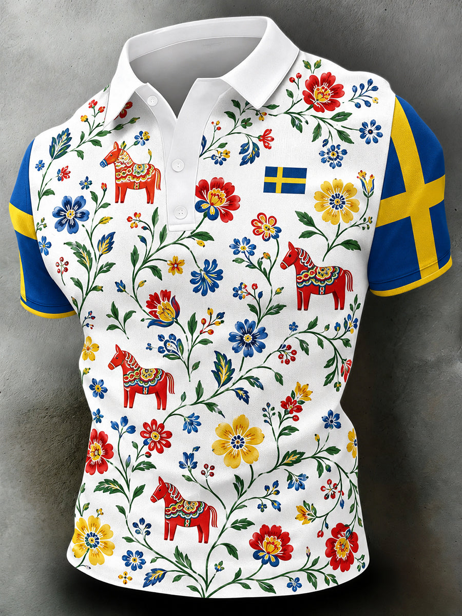 Herrpolotröja med konsttryck till minne av midsommardagen i Sverige