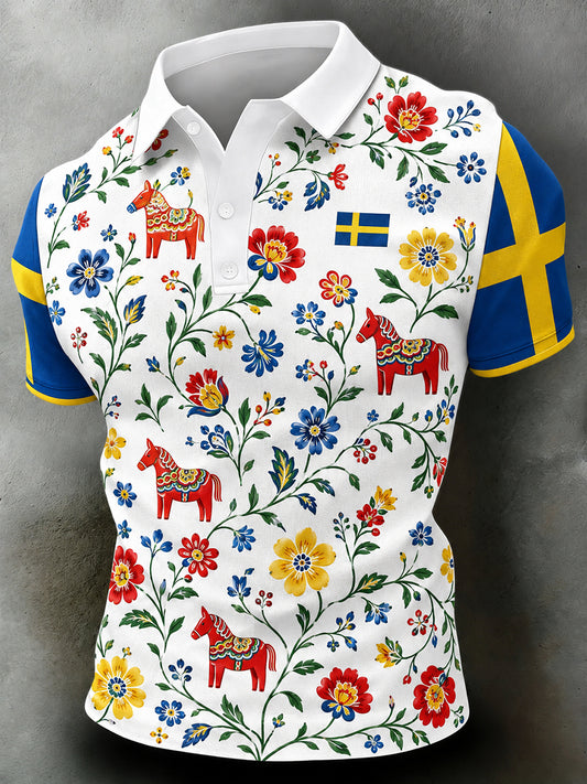 Herrpolotröja med konsttryck till minne av midsommardagen i Sverige