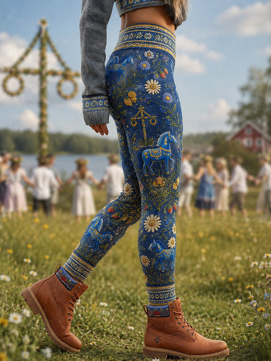 Retro svensk midsommarblommig karusellkonsttryck avslappnade leggings