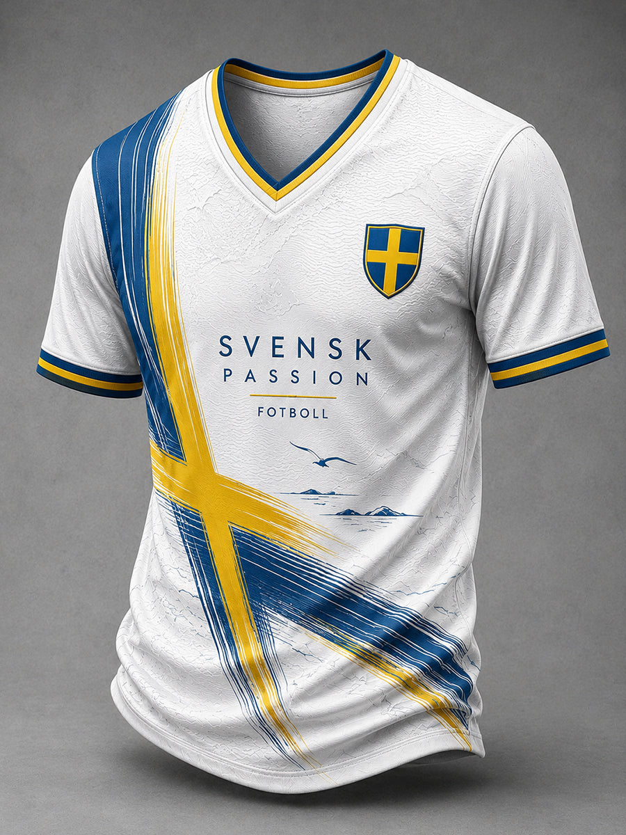 Retro svensk fotbollssupporter som hejar konsttryck avslappnad t-shirt